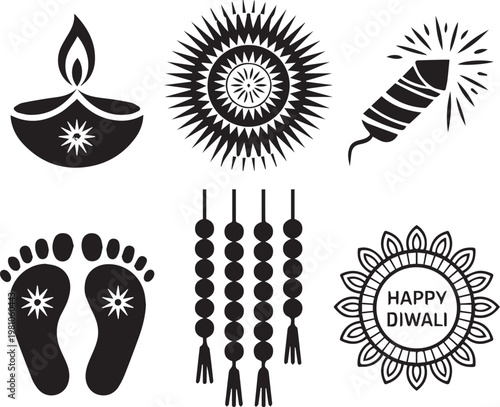 Traditional diwali symbols and decorations in black and white illustrations