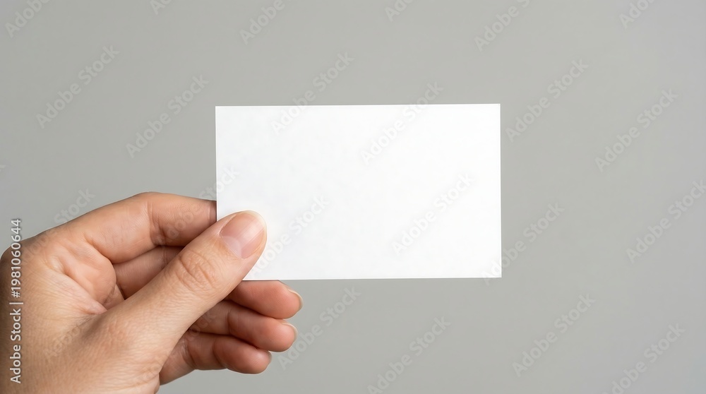 Fototapeta premium Hand holding blank white business card mockup for design on gray studio background png set