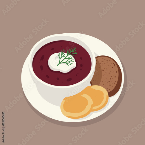 Borscht Soup with Sour Cream and Bread