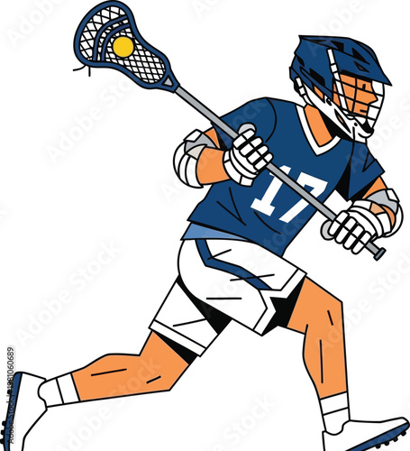 Lacrosse player wearing a blue jersey runs across the field while holding a crosse to catch the ball.