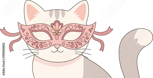 Cat wears an elegant pink ornate masquerade mask with intricate lace patterns for a sophisticated party theme.