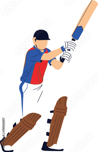 Cricket player swings a wooden bat during a professional match while wearing protective leg guards and gloves.