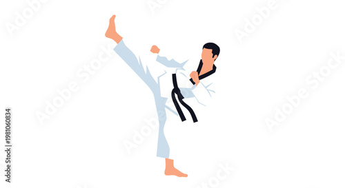 Martial artist performs a high kick while wearing a traditional white uniform and a black belt.