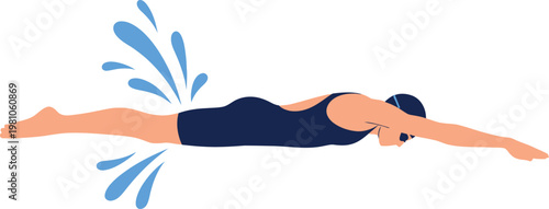 Swimmer glides through the water with a powerful stroke while wearing a dark swimsuit and swimming goggles.