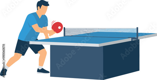 Table tennis player prepares to hit a ball with a red paddle during a competitive match on a blue professional table.