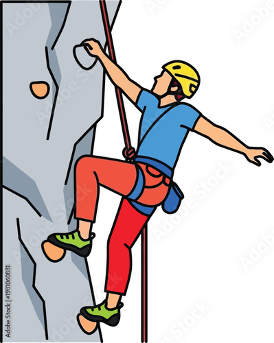 Rock climber ascends a steep cliff face using ropes and safety gear, embodying the spirit of adventure and physical challenge.