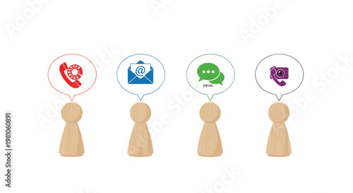 Four natural wooden peg dolls stand beneath vibrant speech bubbles containing diverse communication icons like a telephone and camera on a white background.
