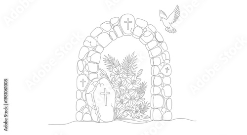 Bird flies over stone archway entrance.