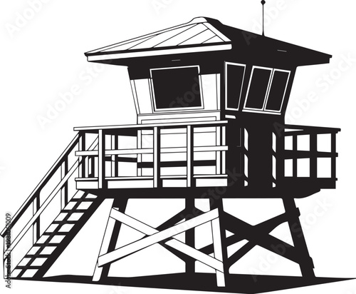 Elevated lifeguard tower with staircase and observation deck overlooking the shore