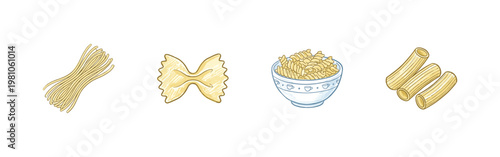 Italian Pasta Varieties and Traditional Kitchen Cooking Tools with Colorful Crayony Pencil Texture and Fluid Colorful Outlines