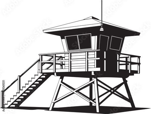 Elevated lifeguard tower overlooking the beach with stairs and observation deck