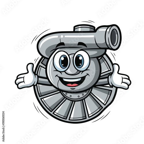 Cartoon turbo mascot character with a cheerful expression and open arms, presented as a metallic object with a playful personality against a clean white background