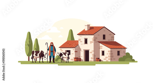A bearded shepherd holding a long staff stands with two spotted cows before a rustic stone farmhouse under a warm and scenic sunny Mediterranean sky.