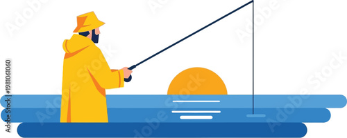 Fisherman wearing a yellow raincoat stands by the ocean at sunset to represent patience, tranquility, and the joy of outdoor recreational fishing.
