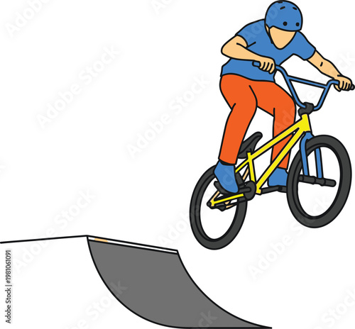 Cyclist performs a daring jump on a bmx bike while launching off a ramp in an urban setting.