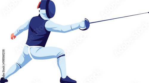 Fencer in full protective gear lunges forward with a foil during a competitive match of the sport.