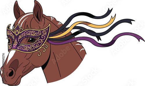 Horse head wearing an ornate Venetian masquerade mask decorated with flowing colorful ribbons against a plain white background.