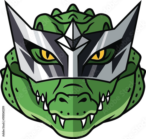 Crocodile wearing a futuristic silver mask stares forward, embodying a unique character design for gaming or fantasy storytelling.