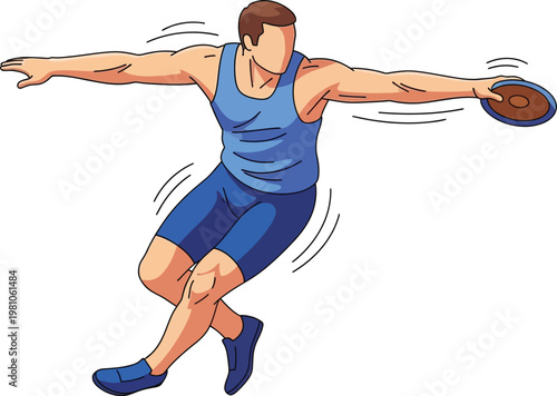 Discus thrower athlete performs a powerful rotational movement to launch the disc during a professional track and field competition.