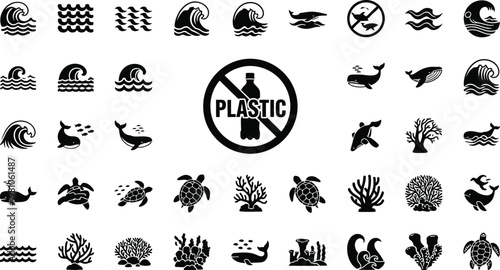 Marine life icons depicting whales, sea turtles, coral reefs, and ocean waves are displayed alongside a plastic pollution warning symbol.