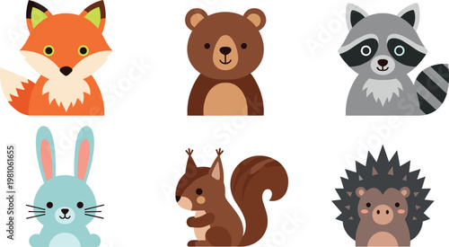 Cute Forest Animal Characters Icon Set with Fox, Bear, Raccoon, Rabbit, Squirrel, and Hedgehog for Kids and Nature Designs