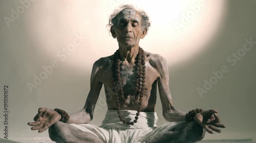 Old Indian sadhu meditating in lotus position with mudra hands. Ascetic yogi wearing rudraksha beads deep in concentration. Spiritual Hindu monk concept