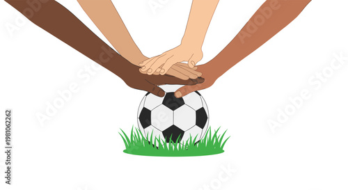 Diverse hands of various skin tones are stacked together on a classic soccer ball resting on vibrant green grass against a white backdrop with soft light.