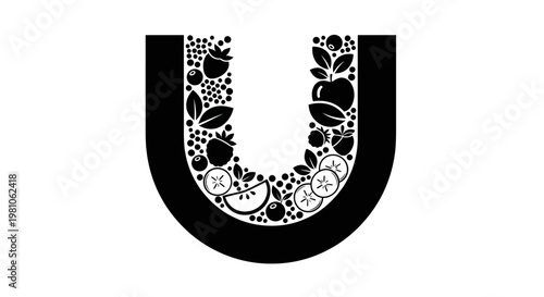 Letter U Filled with Healthy Fruits and Vegetables, Organic Nutrition Initial on Isolated White Background
