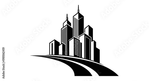 City Skyline with Tall Buildings, Modern Urban Landscape on Isolated White Background