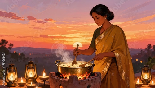 Warm Painterly Illustration of Ayurvedic Kitchari Preparation at Sunset