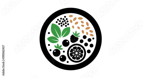 Healthy Food Ingredients in a Circle, Organic Nutrition Emblem on Isolated White Background