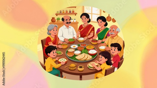 Charming Illustration of Family Sharing Ayurvedic Thali Meal