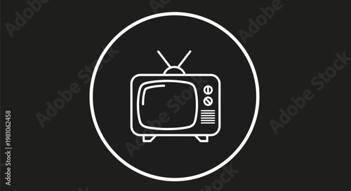 Retro Television Set Icon, Vintage TV Screen in a Circle on Dark Background
