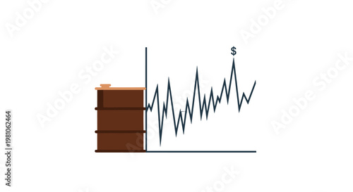 A brown textured oil barrel stands prominently next to a dark blue jagged line graph showing price fluctuations on a white background with clean dark lines.