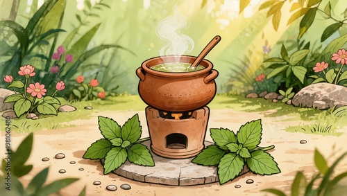 Serene Garden Illustration of Ayurvedic Cooking with Tulsi and Clay Stove