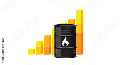 A black oil barrel with a white flame icon stands before a rising yellow and orange bar chart indicating growth against a pristine white background area.
