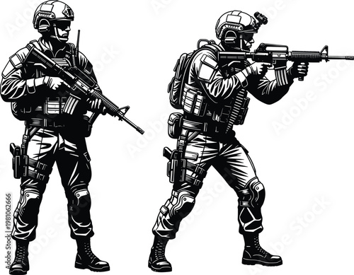 Silhouette illustration of armed soldiers in tactical gear holding rifles, symbolizing military readiness, defense, combat, security, protection, and professionalism.