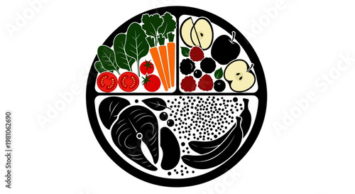 Healthy Food Plate with Vegetables, Fruits, Fish, and Grains for Balanced Diet on Isolated White Background