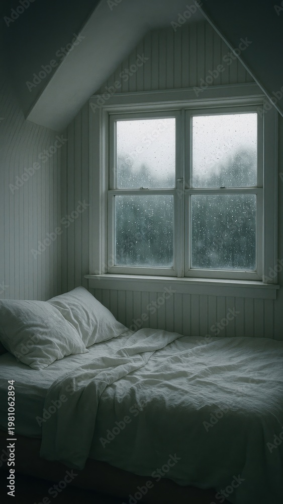Fototapeta premium Cozy attic bedroom with rain.