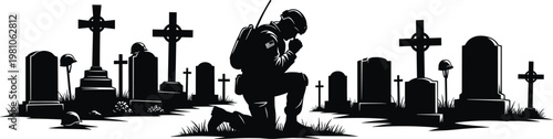 Silhouette illustration of soldier kneeling at cemetery graves honoring fallen heroes, symbolizing remembrance, respect, sacrifice, military service, and patriotism.