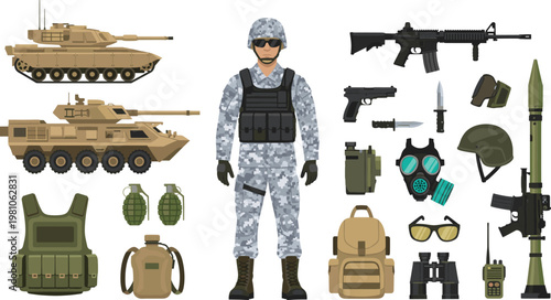 Silhouette soldier with camouflage uniform surrounded by military equipment including vehicles, firearms, grenades, tactical gear, protective items vector illustration