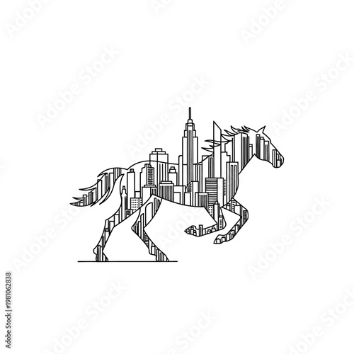 Dynamic Galloping Horse with City Skyline Silhouette Logo Design on Isolated White Background