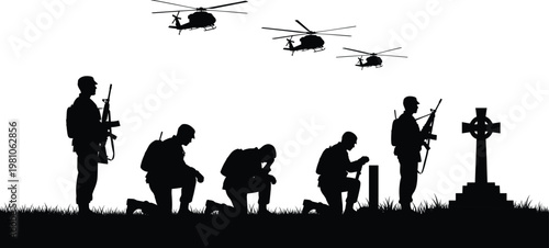 Silhouette of soldiers honoring fallen comrades at grave with helicopters flying above, symbolizing military respect, remembrance, sacrifice, and patriotism.