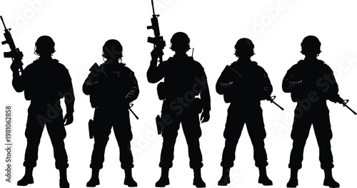 Silhouette soldiers standing in line with firearms, military unity discipline teamwork readiness concept, tactical gear helmets boots vector