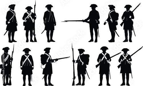 Silhouettes of colonial soldiers in 18th century uniforms holding muskets, symbolizing military history, revolution, discipline, war, and historical reenactment.