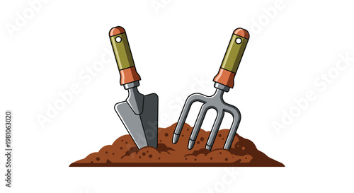 A sturdy metal hand trowel and a sharp three-pronged garden fork stand upright within a rich mound of dark brown soil against a clean white background.