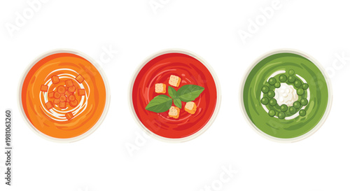 Three ceramic bowls containing vibrant orange carrot red tomato and green pea pureed soups are elegantly presented from a top-down perspective on white.