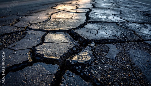 Severely cracked asphalt road surface reflecting light; texture-rich details convey decay and disrepair