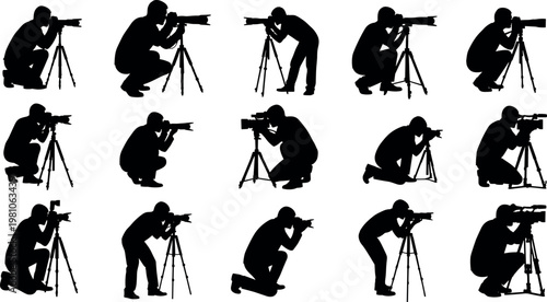 Collection of professional photographer and videographer silhouettes crouching and kneeling with cameras and tripods isolated on white background vector illustration