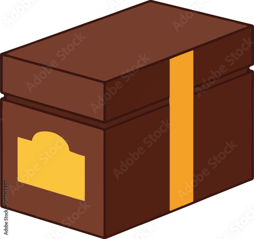 Isometric Flat Vector Style Illustration of Premium Brown Packaging Box with Blank Gold Label for Cigar, Chocolate, or Liquor Branding Mockup